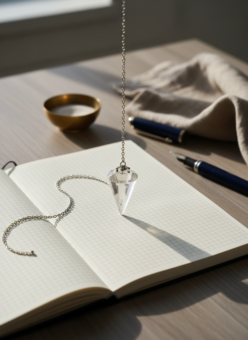 A highly detailed close-up of a translucent crystal pendulum made of clear quartz, perfectly still above an open, cream-colored notebook filled with faint, delicate grid lines. The pendulum’s fine silver chain forms a gentle curve across the page, catching subtle highlights. Around the notebook lie a navy-blue fountain pen, a small brass bowl with white sand, and a finely textured linen cloth in muted taupe. The setting is a minimalist wooden desk with a cool, natural finish, lit by soft, overcast daylight from an unseen window to the left, creating gentle, elongated shadows. Photographic realism with a slightly elevated angle and shallow depth of field, evoking precise introspection and a connection to higher guidance, without any human presence, in a calm, sophisticated atmosphere.