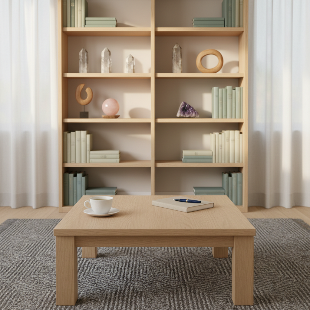 A serene consultation space designed for spiritual counseling, captured in photographic realism. A low, square table of smooth, pale oak sits on a handwoven gray rug, supporting a single white porcelain cup of herbal tea, a neatly closed linen-covered notebook, and a slim fountain pen with dark blue lacquer. Behind, a tall bookshelf holds carefully spaced crystals, abstract sculptures, and muted-color hardback books, all arranged with deliberate symmetry. Soft afternoon light filters through sheer curtains, casting gentle vertical patterns on a warm off-white wall. The mood is quiet, reflective, and sophisticated, with an eye-level composition using the rule of thirds and a moderate depth of field that keeps the table in crisp focus while allowing the background to gently blur into a tranquil suggestion of inner order.