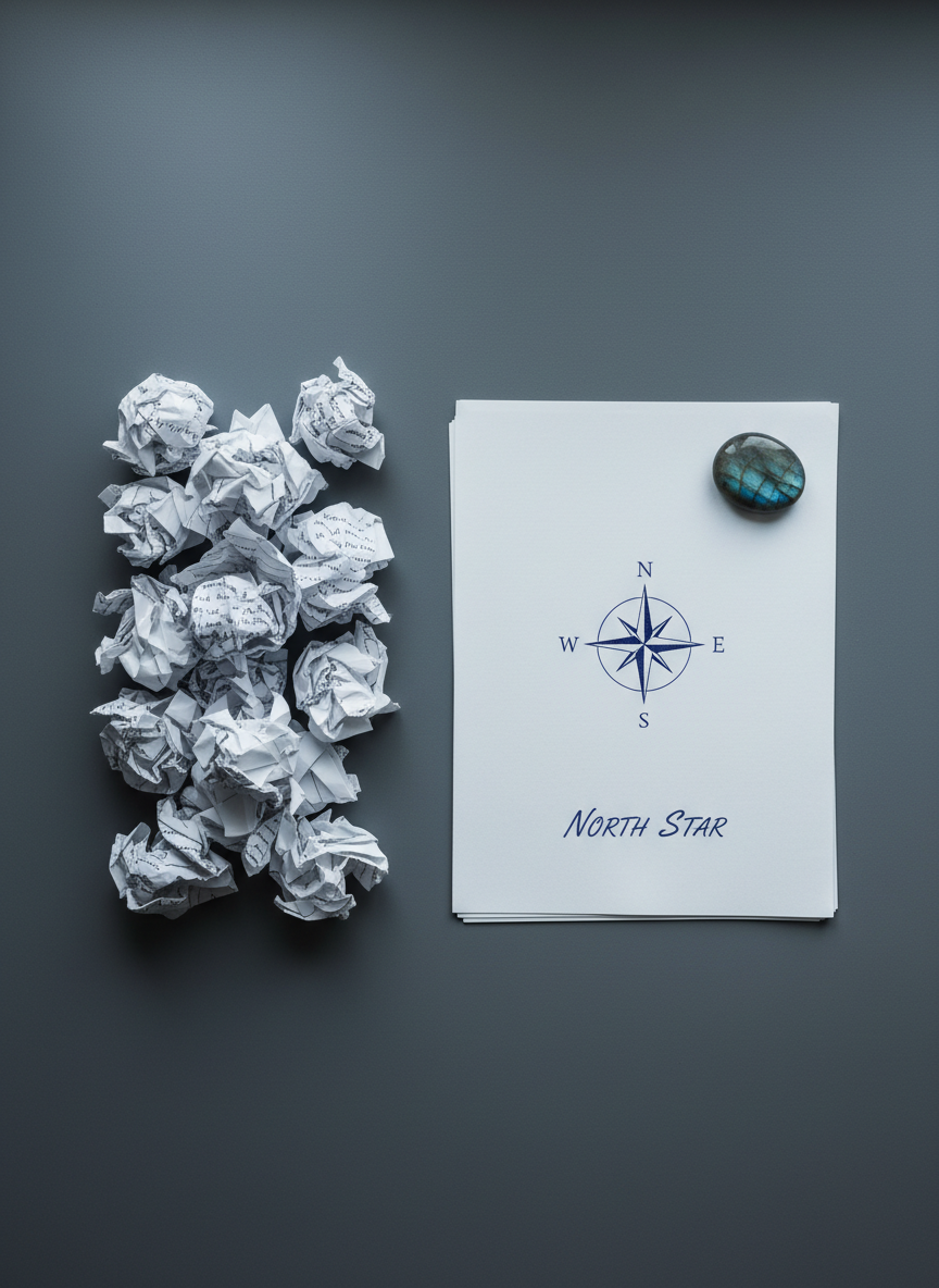 An abstract, top-down photographic composition symbolizing the journey from anxiety to clarity for adults in their 40s to 60s. On the left side of a smooth charcoal-gray desk, a tangle of crumpled, overlapping handwritten notes in muted blue ink lies scattered, edges slightly curling. Gradually, toward the right, the papers become flatter, more orderly, culminating in a single pristine sheet with a neatly drawn compass icon and a short, sharply written phrase in elegant script. A small, polished labradorite stone rests at the upper right corner, shimmering subtly with blue and green flashes. Cool, diffused window light falls diagonally across the scene, creating a gentle gradient from shadowed confusion to illuminated clarity. Photographic realism with crisp focus throughout, minimalist and sophisticated.